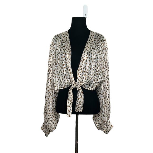 Saints & Hearts Cream brown print wrap front tie sleeves blouse size Medium - Picture 3 of 15